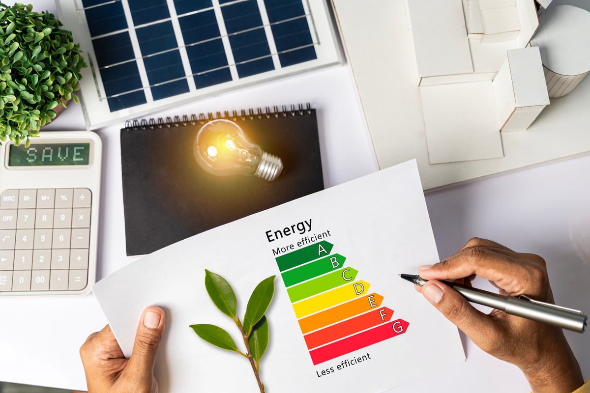 Energy Efficiency Concept with Energy Level Chart Tabletop Energ